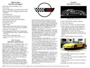 1995 Chevrolet Chevy Corvette Indy Pace Car Original Brochure 2 sided Fact Sheet Back